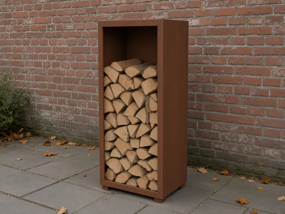 Sfeerimpressie stalen haardhoutrek tegen bakstenen muur