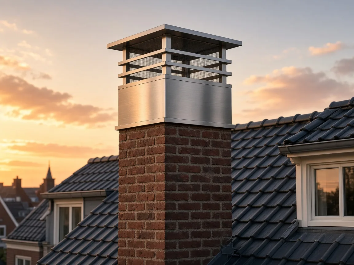 Design schoorsteenkap over de schoorsteen: plat, 3 lamellen, rvs (sfeerimpressie)