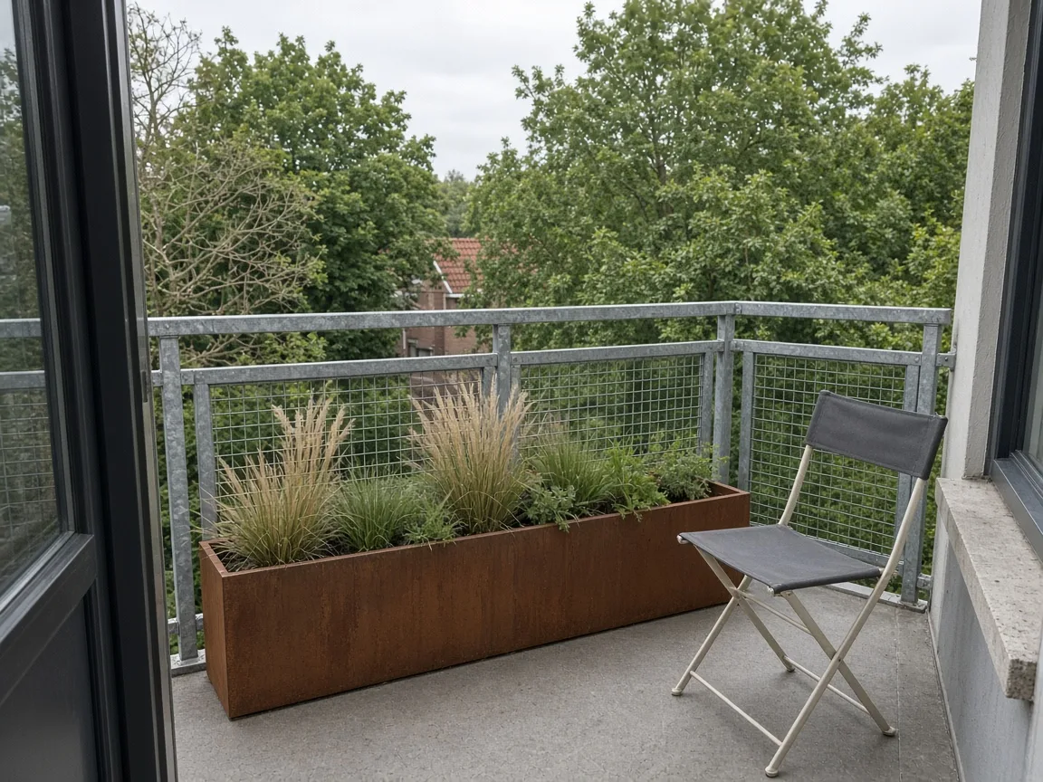 Sfeerimpressie cortenstalen plantenbak met beplanting