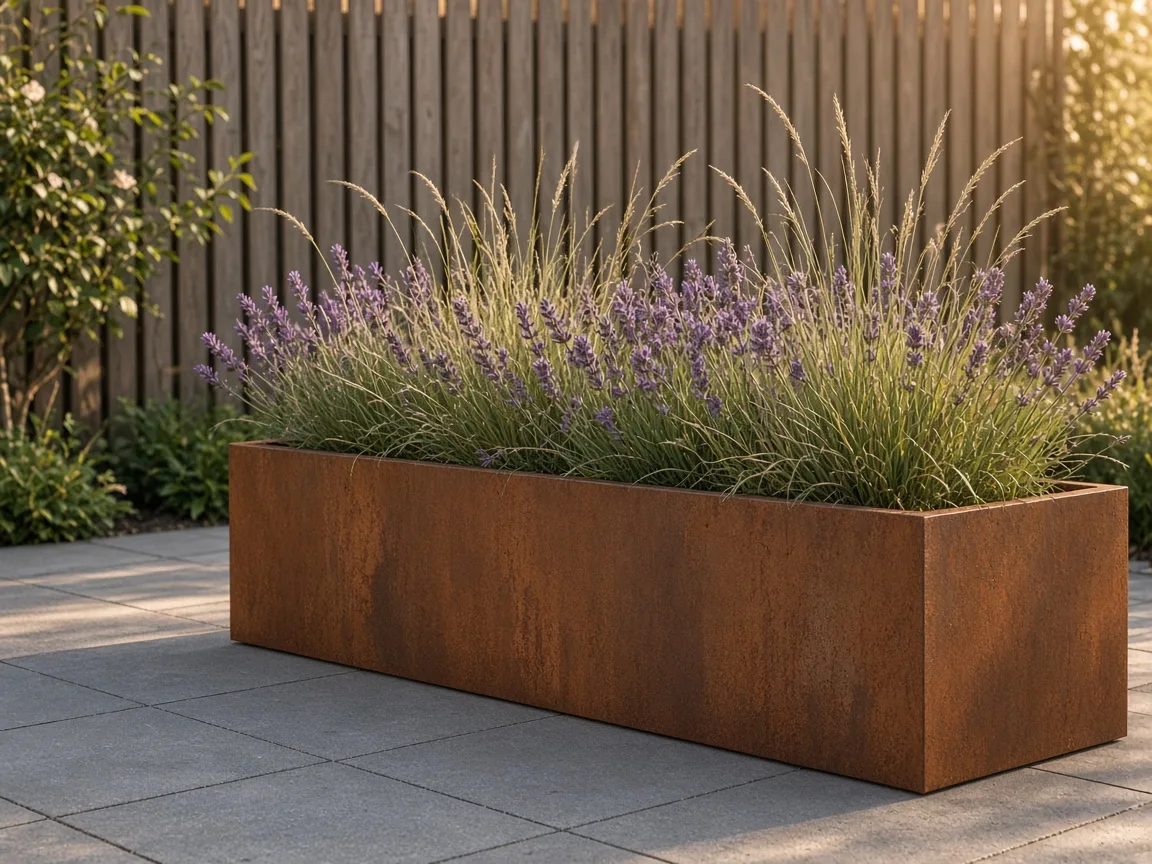 Sfeerimpressie cortenstalen plantenbak met beplanting