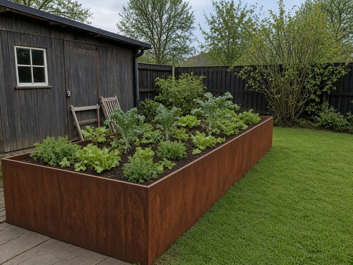 Sfeerimpressie cortenstalen plantenbak met beplanting