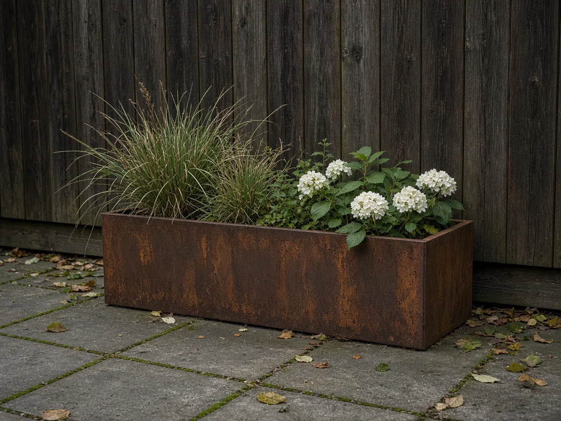 Sfeerimpressie cortenstalen plantenbak met beplanting